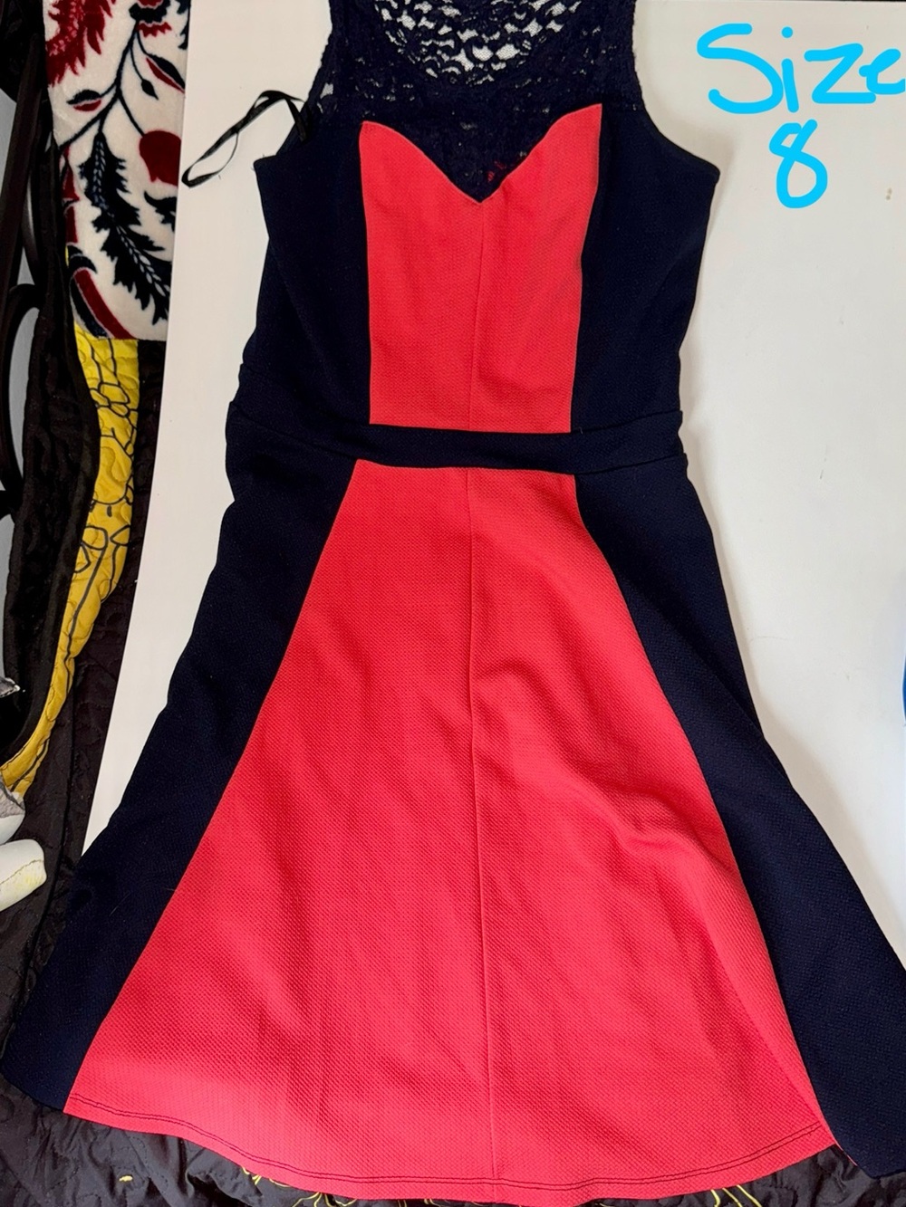Navy and Red Fit-and-Flare Lace-Top Dress